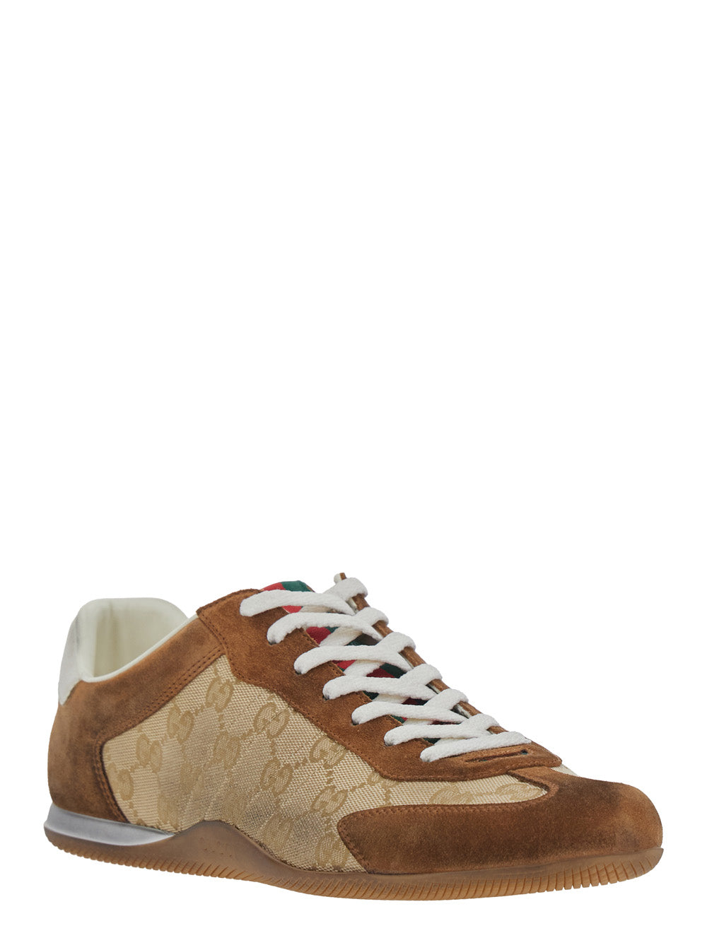 Gucci Men Beige Low Top Sneakers With Web Detail On Tongue And Heel In Gg Fabric And Suede For Men GUCCI