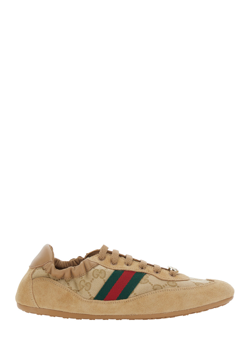 Gucci Women Beige Low Top Sneakers With Gg Plaque On The Lace And Web Band On The Side In Gg Canvas And Suede Woman GUCCI