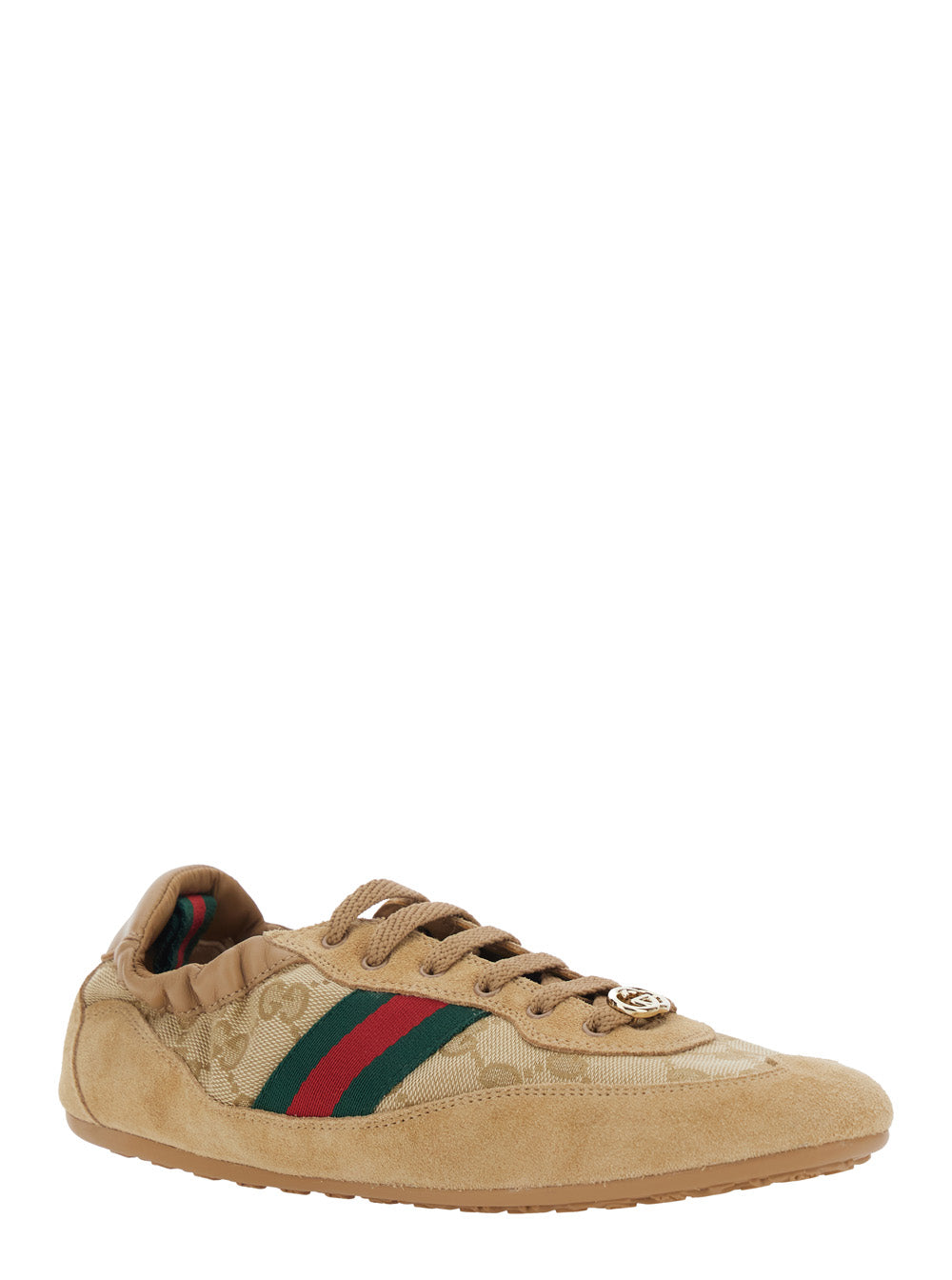 Gucci Women Beige Low Top Sneakers With Gg Plaque On The Lace And Web Band On The Side In Gg Canvas And Suede Woman GUCCI
