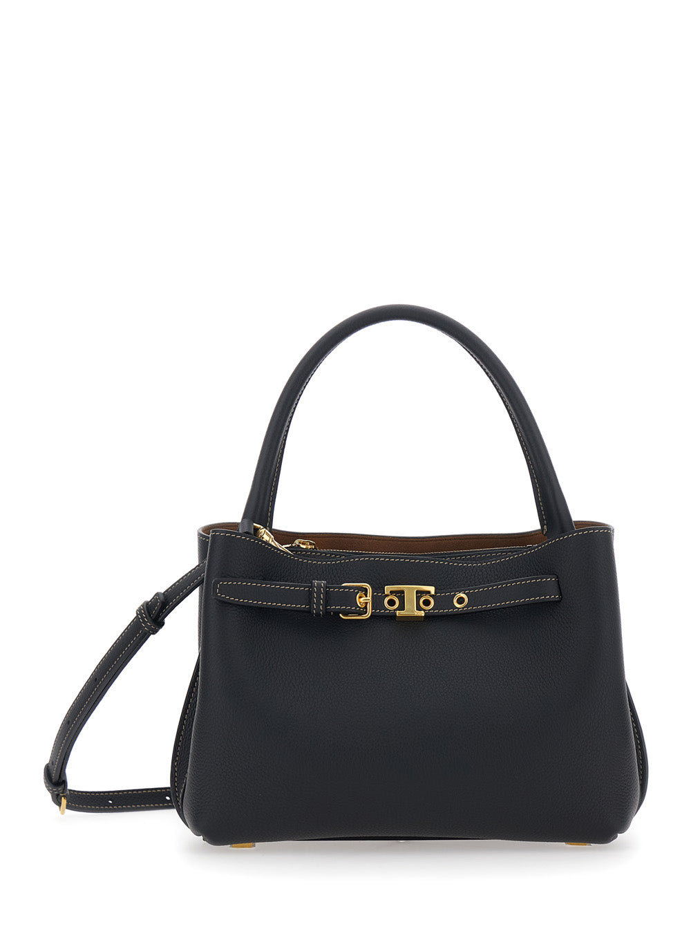 Tod's Women 'T-String' Black Handbag With Adjustable And Removable Shoulder Strap And Buckled Belt Detail On The Front In Grained Leather Woman TOD'S
