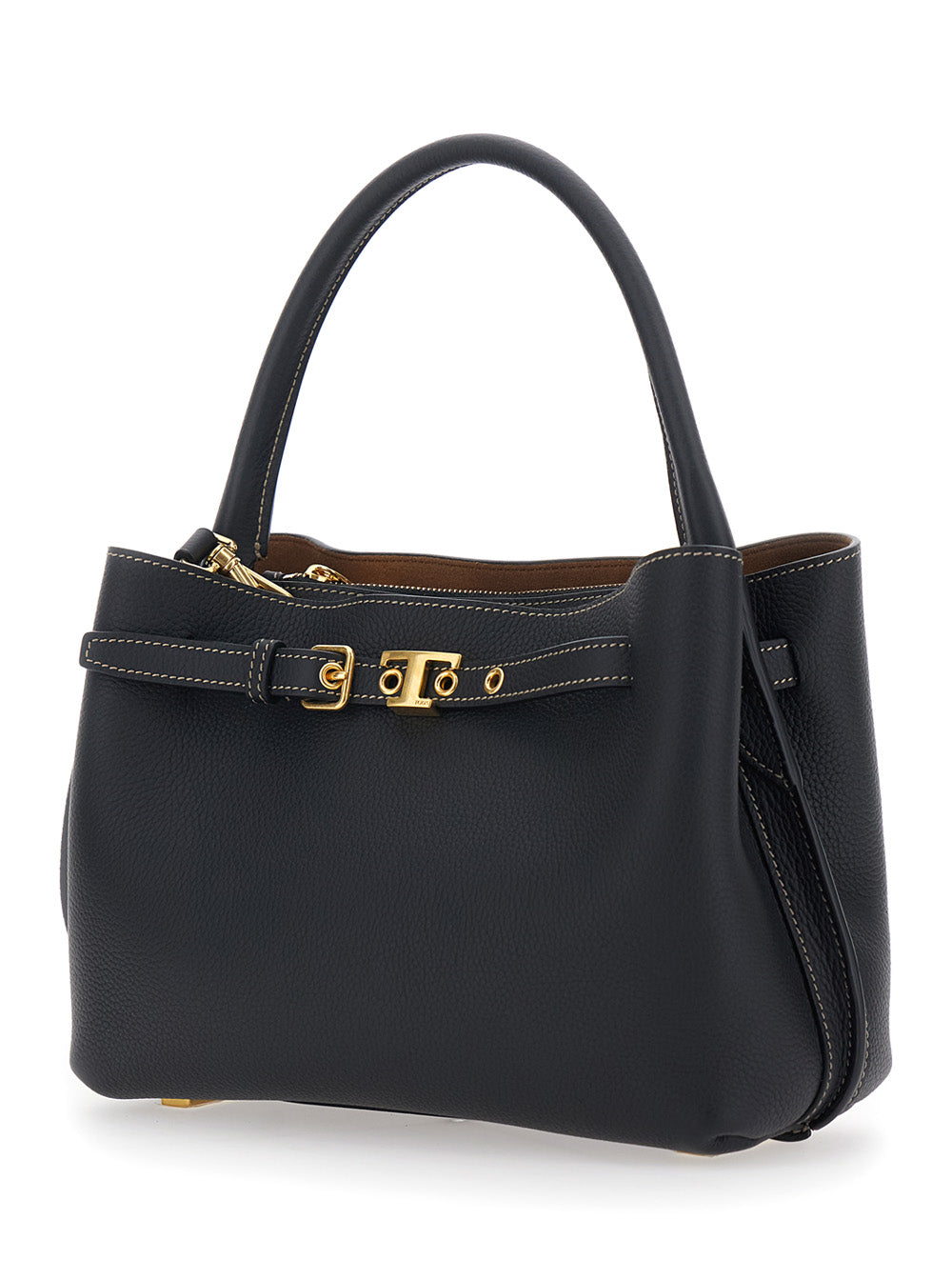 Tod's Women 'T-String' Black Handbag With Adjustable And Removable Shoulder Strap And Buckled Belt Detail On The Front In Grained Leather Woman TOD'S
