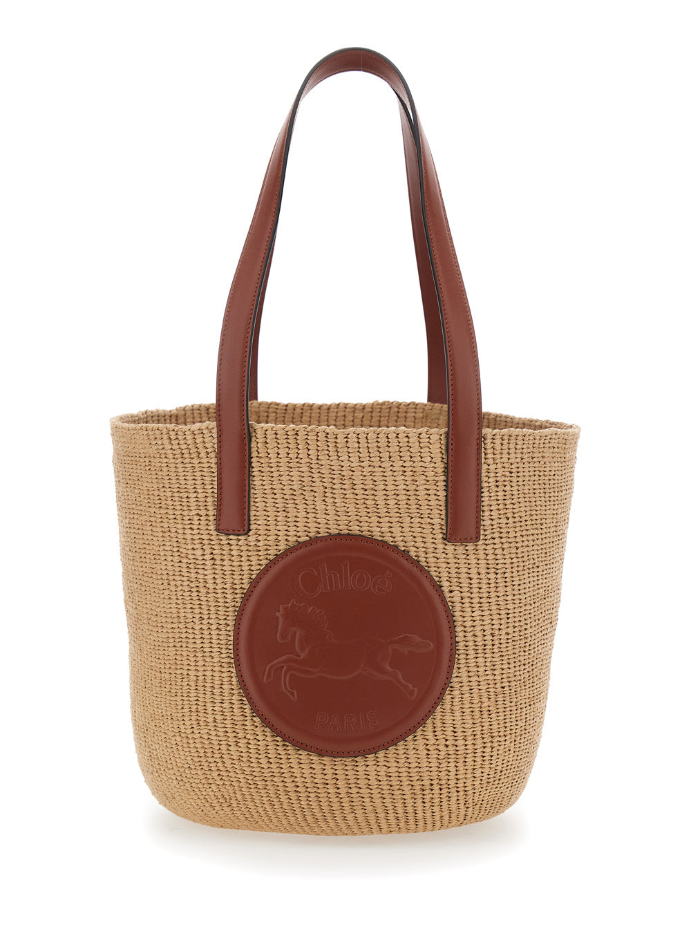 Chloé Women 'Horse Medal' Beige Shopper With Flat Handles And Logo Patch On The Front In Straw Woman CHLOE