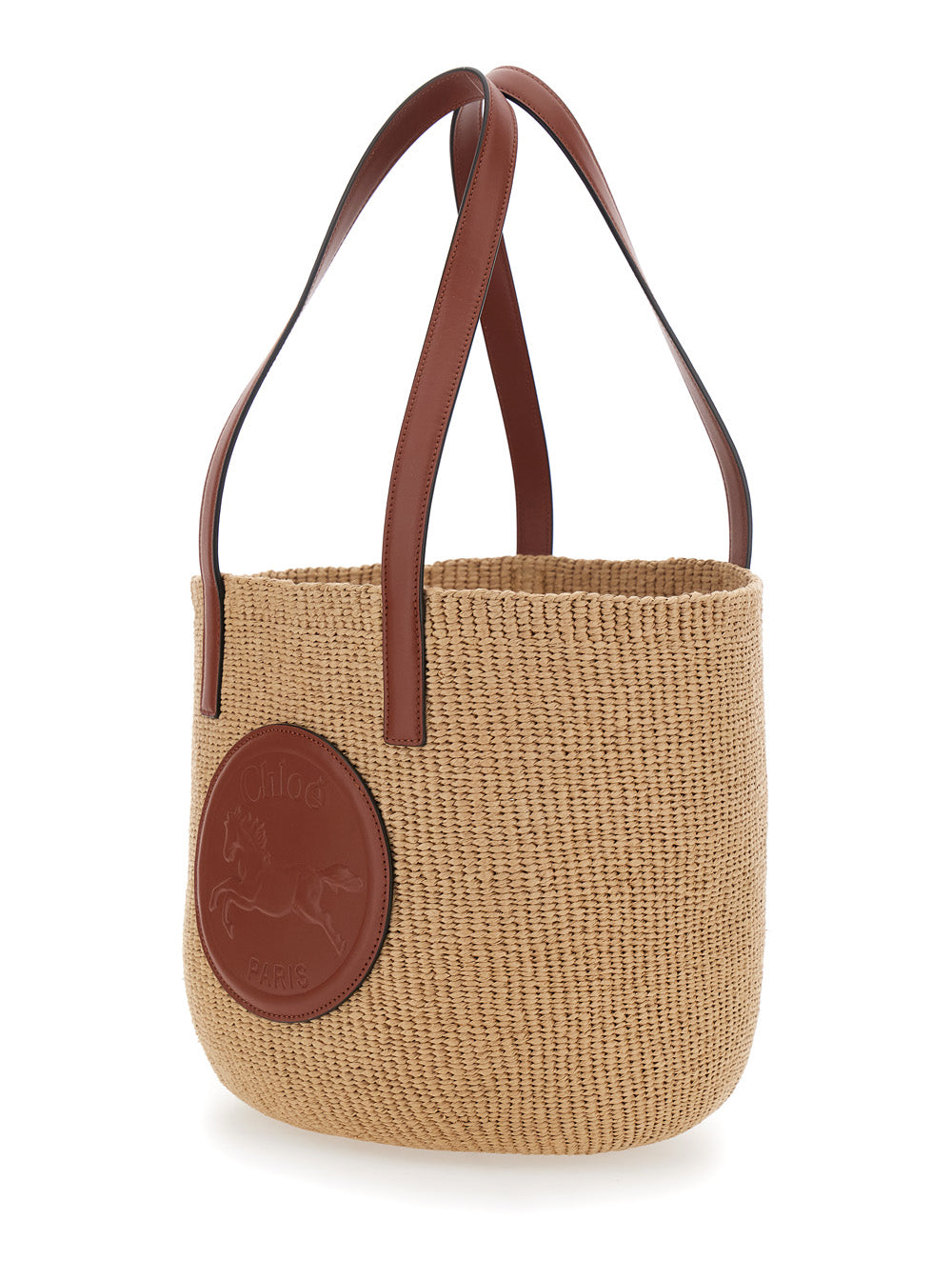 Chloé Women 'Horse Medal' Beige Shopper With Flat Handles And Logo Patch On The Front In Straw Woman CHLOE