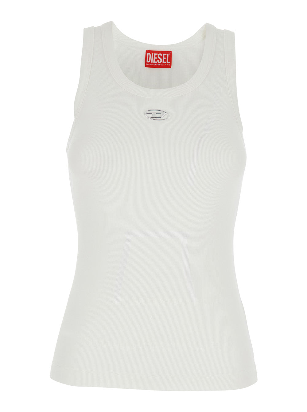 Diesel Women White Top With Dlogo On The Front In Ribbed Cotton Woman DIESEL