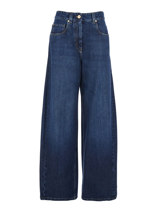 Brunello Cucinelli Women Blue Jeans With Five-Pocket Design And Patch Logo On The Back In Denim Woman