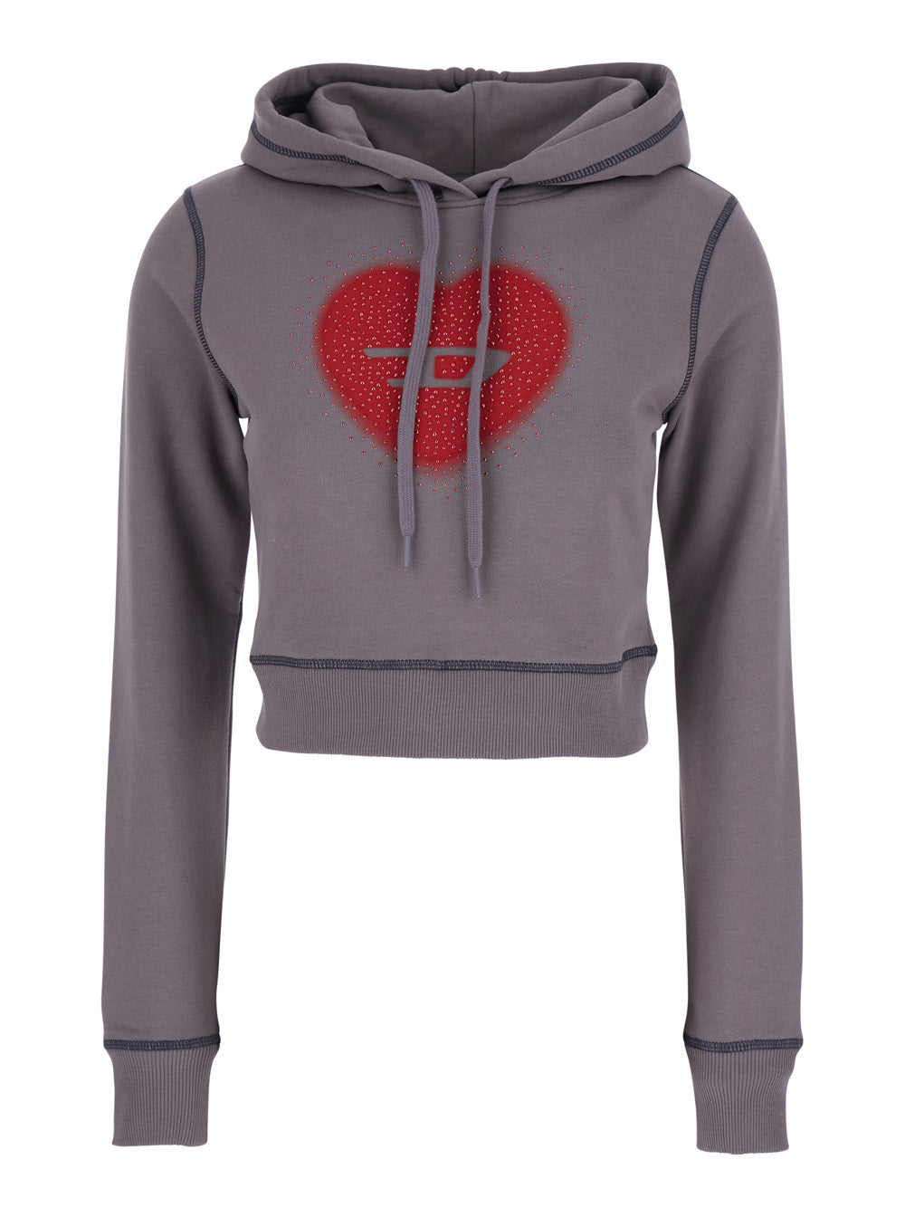 Diesel Women Grey Cropped Hoodie With Drawstring Hood And Rhinestoned Heart On The Front In Cotton Woman DIESEL