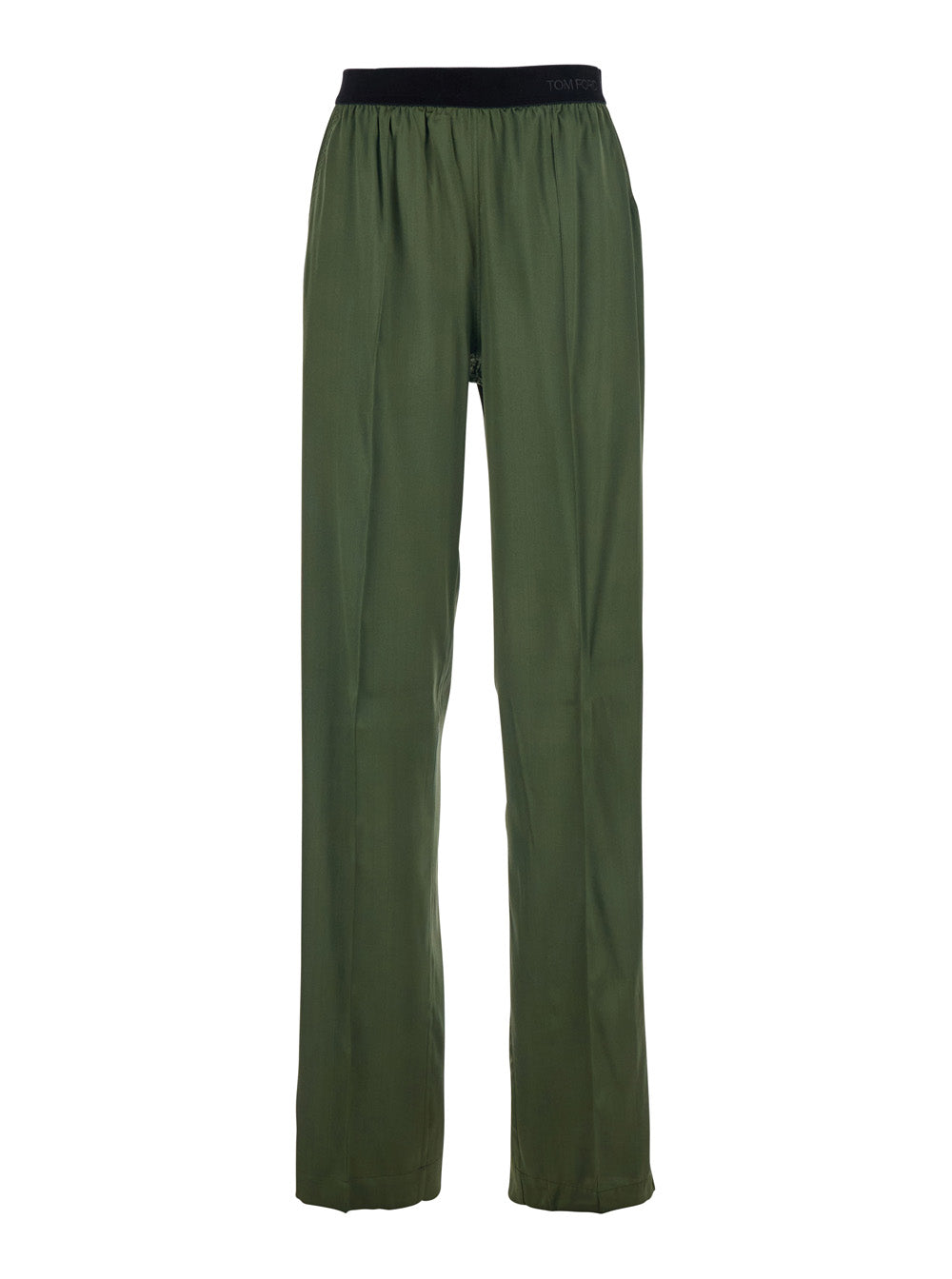Tom Ford Women Green Elastic Waist Pants With Logo Lettering In Stretch Silk Woman TOM FORD