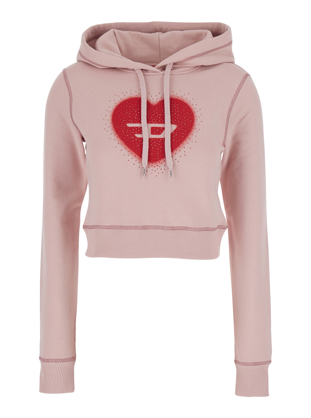 Diesel Women Pink Cropped Hoodie With Drawstring Hood And Rhinestoned Heart On The Front In Cotton Woman DIESEL