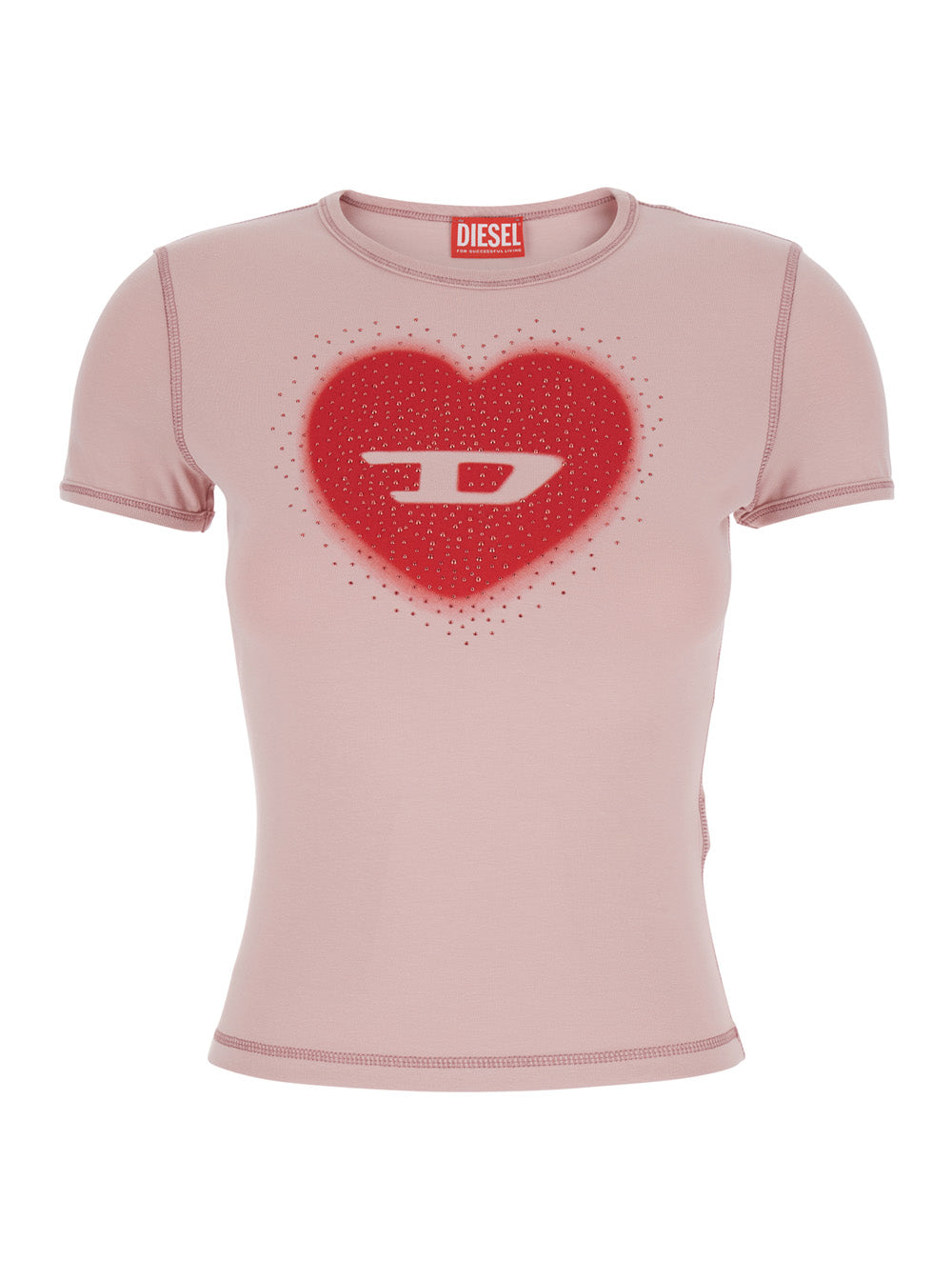 Diesel Women Pink Crew Neck T-Shirt With Front Print And Beaded Details In Cotton Woman