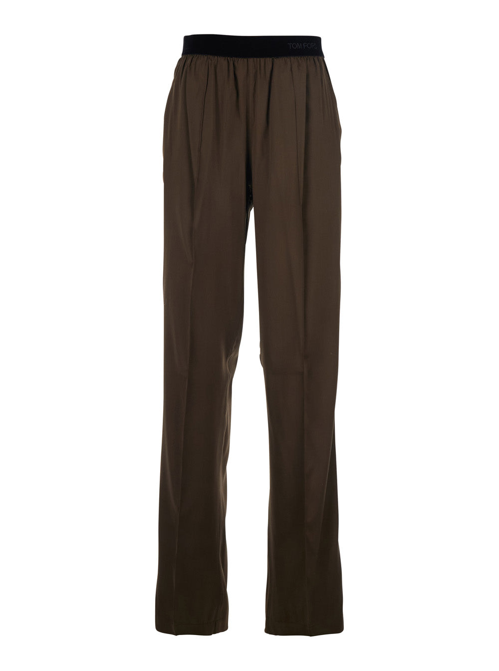 Tom Ford Women Brown Pants With Elastic Waist And Logo Lettering In Stretch Silk For Women TOM FORD