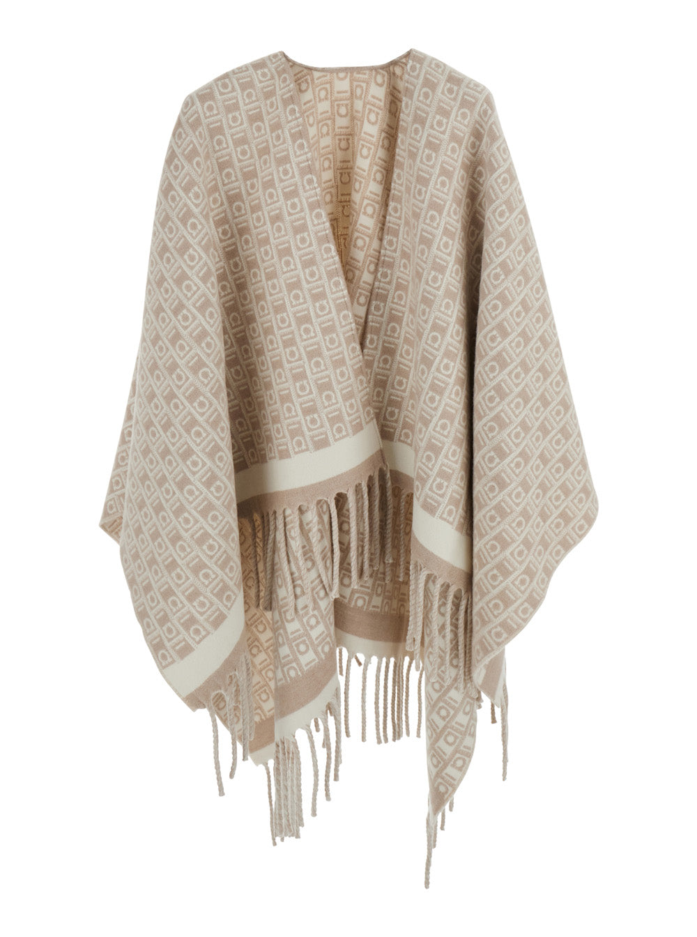 Ferragamo Women Beige Crewneck Cape With Fringed Hem And All-Over Gancini Embroidery In Wool Woman FERRAGAMO