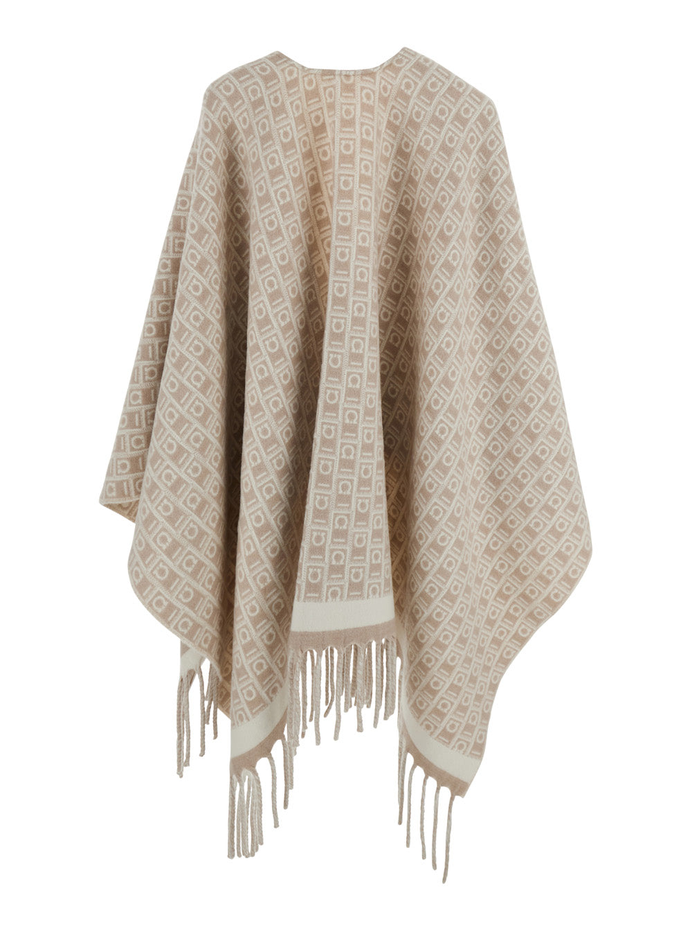 Ferragamo Women Beige Crewneck Cape With Fringed Hem And All-Over Gancini Embroidery In Wool Woman FERRAGAMO