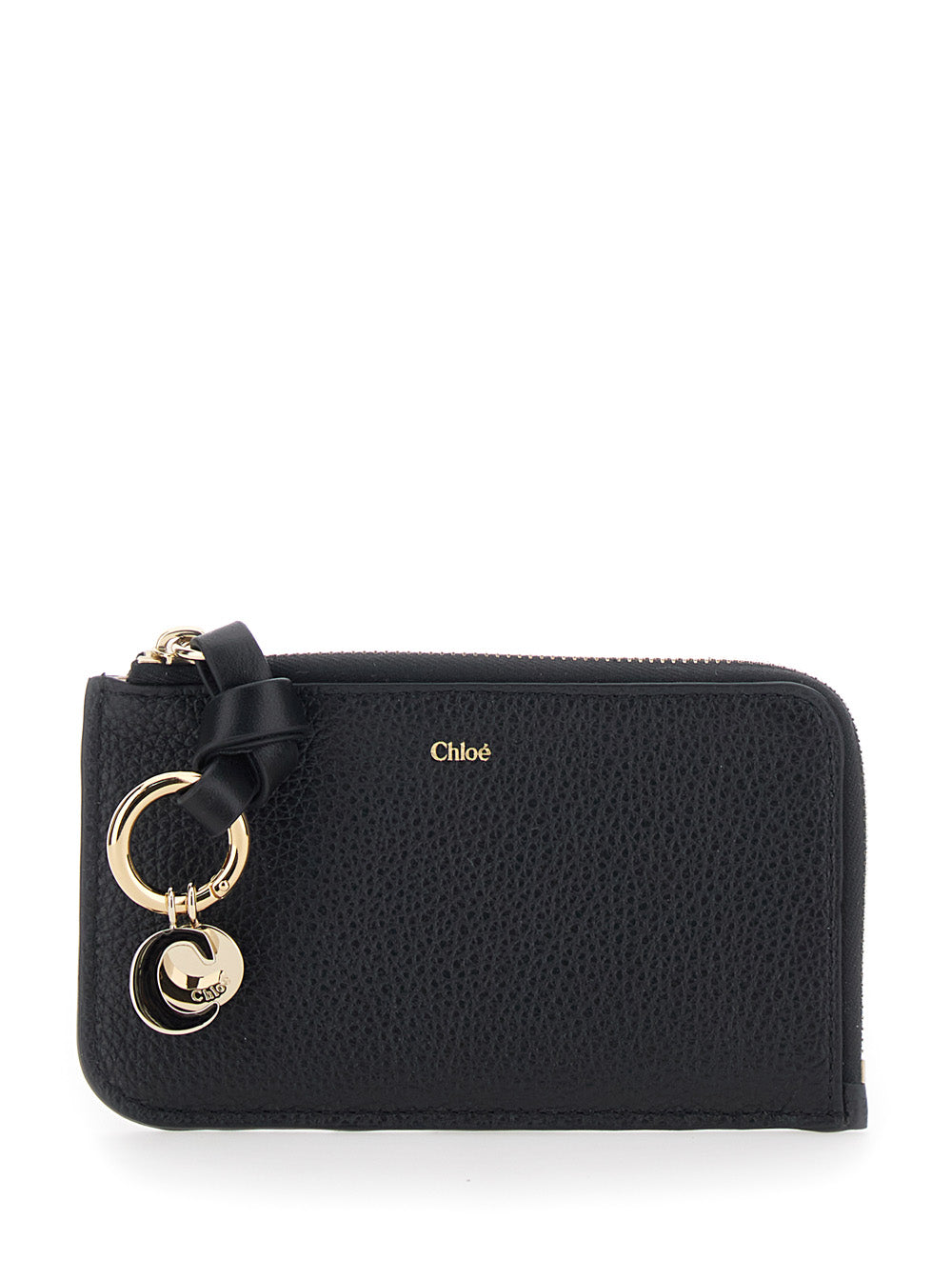 Chloé Women Black Wallet With Logo Charm On The Front And Top Zip Closure In Grained Leather Woman CHLOE