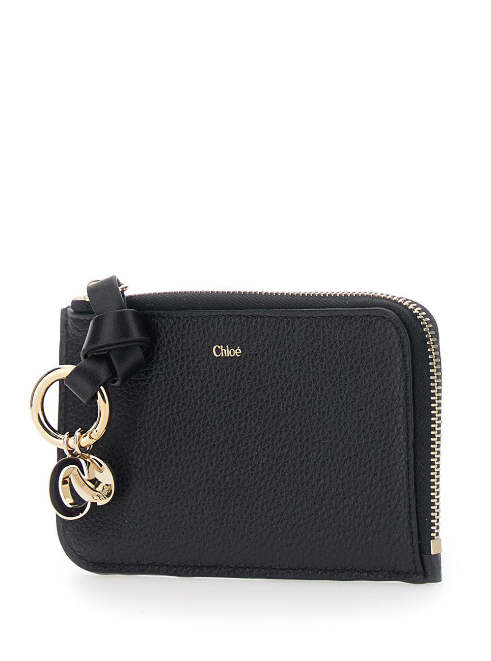 Chloé Women Black Wallet With Logo Charm On The Front And Top Zip Closure In Grained Leather Woman CHLOE