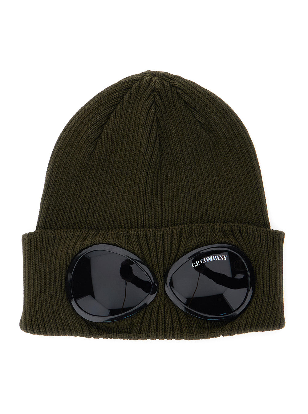 C.P. Company Men Green Knit Beanie With Google Detail On The Front In Cotton Man C.P. COMPANY