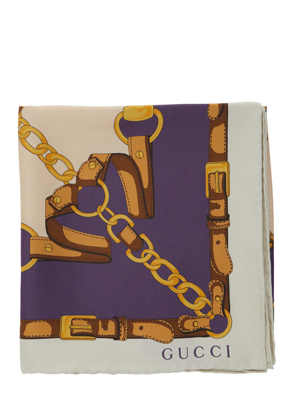 Gucci Women Blue Square Scarf With Chain Print And Logo Lettering In Silk Woman GUCCI