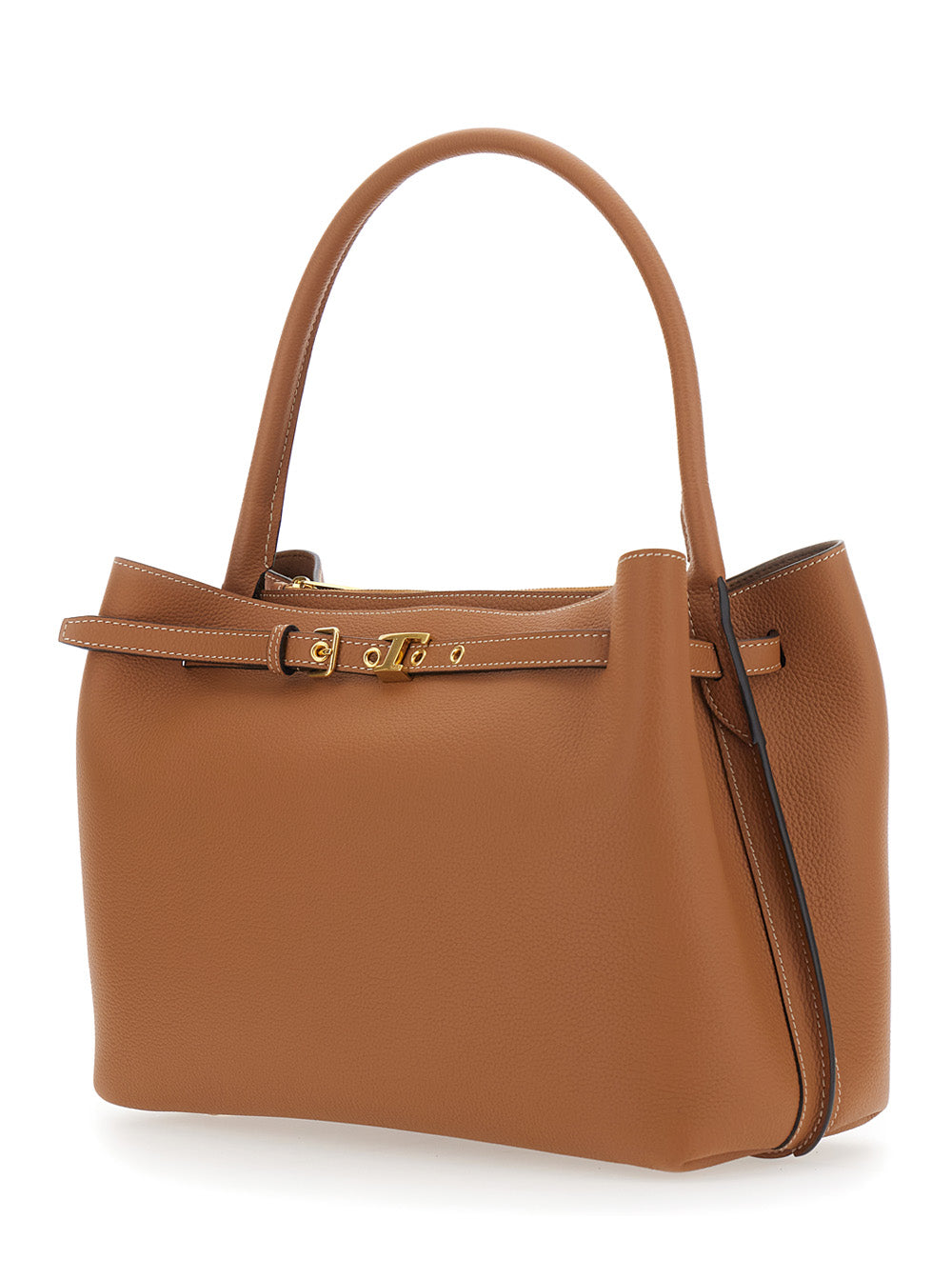 Tod's Women 'T-String' Brown Handbag With Adjustable And Removable Shoulder Strap And Buckled Belt Detail On The Front In Grained Leather Woman TOD'S