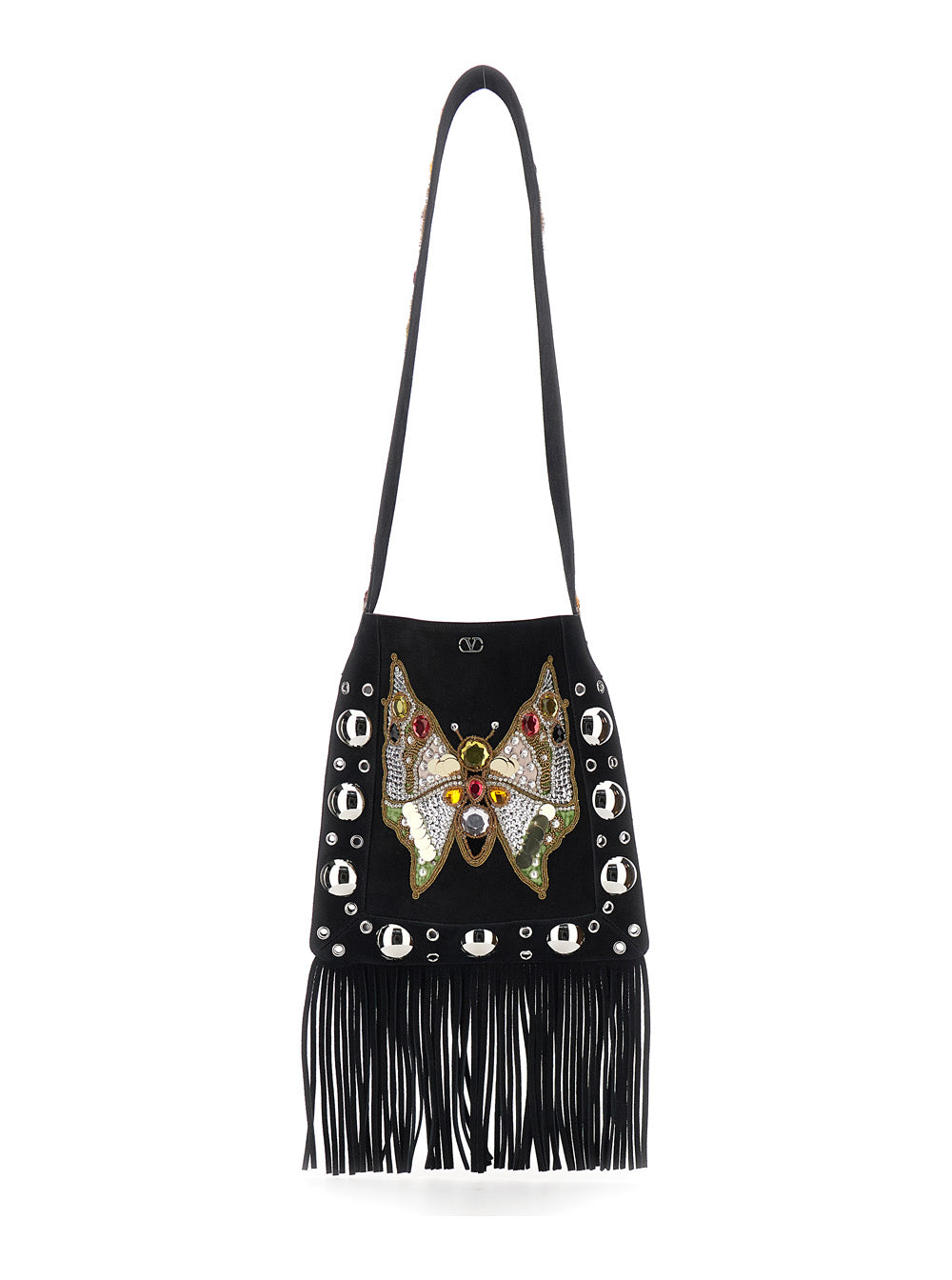 Valentino Garavani Women 'Nellcote Medium' Black Crossbody Bag With Embroidered Butterfly On The Front And Bead And Sequin Details In Fabric Woman VALENTINO GARAVANI
