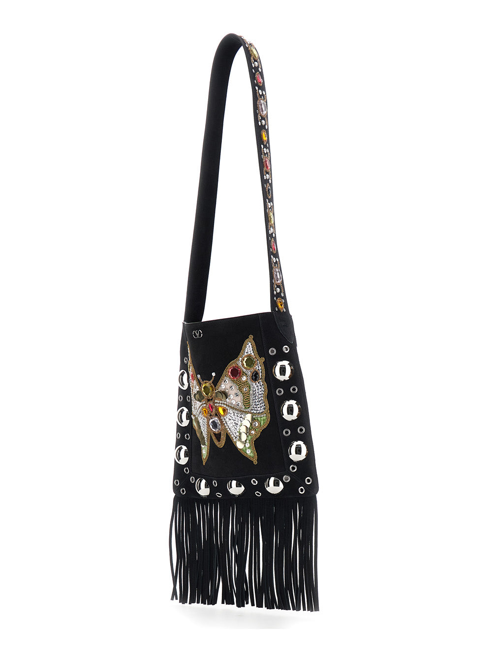 Valentino Garavani Women 'Nellcote Medium' Black Crossbody Bag With Embroidered Butterfly On The Front And Bead And Sequin Details In Fabric Woman VALENTINO GARAVANI