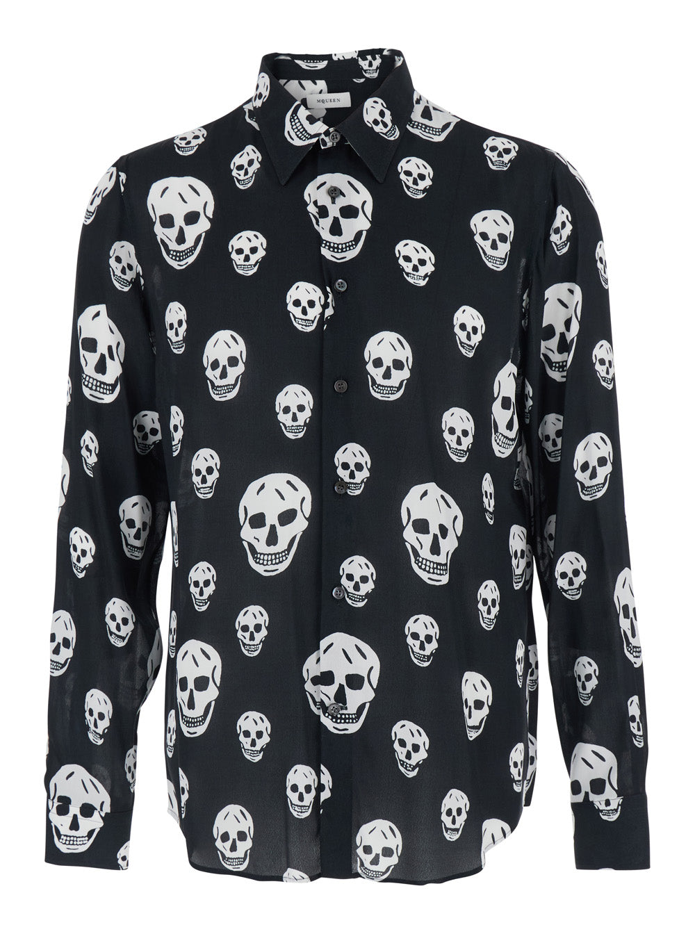 Alexander Mcqueen Men Black Pointed Collar Shirt With All-Over Skull Print For Men ALEXANDER MCQUEEN