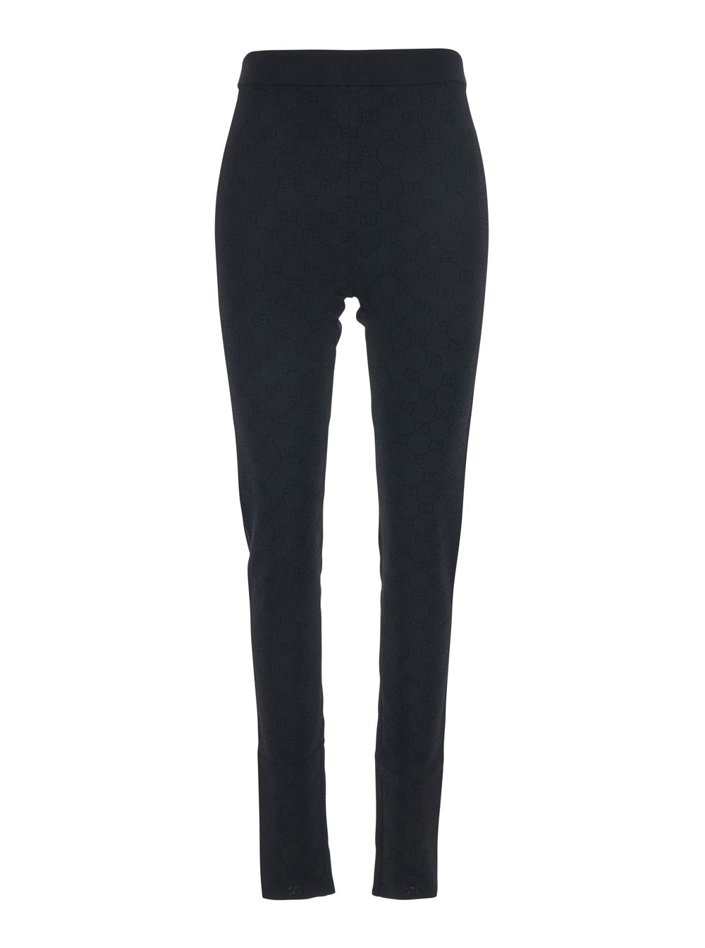 Gucci Women Black Leggings With Ribbed Waist And All-Over Gg Embroidery In Viscose Blend Woman GUCCI