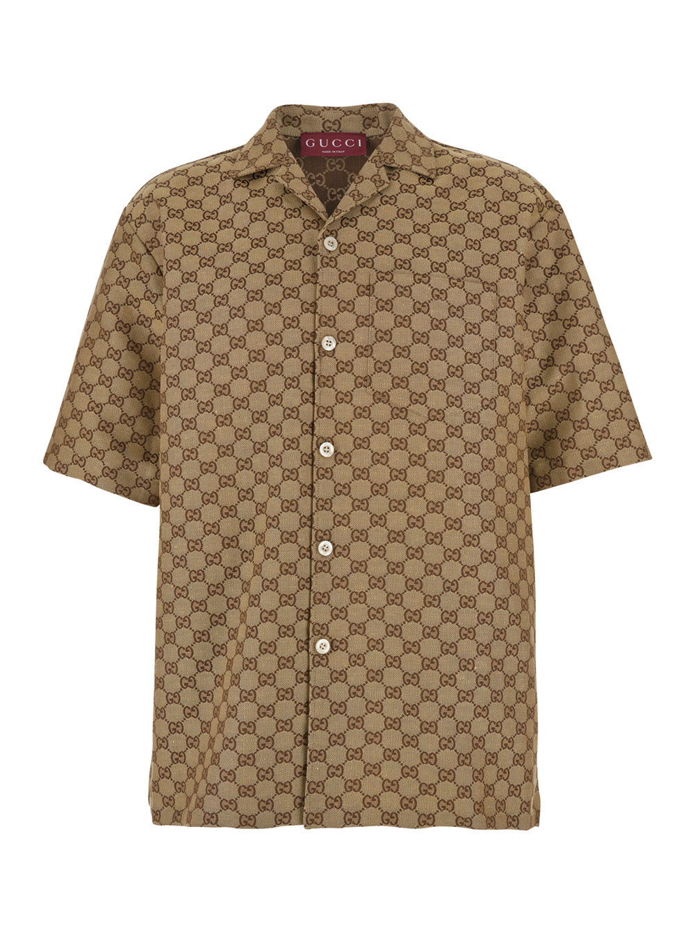 Gucci Men Beige Bowling Shirt With Gg All-Over Motif In Linen Men GUCCI