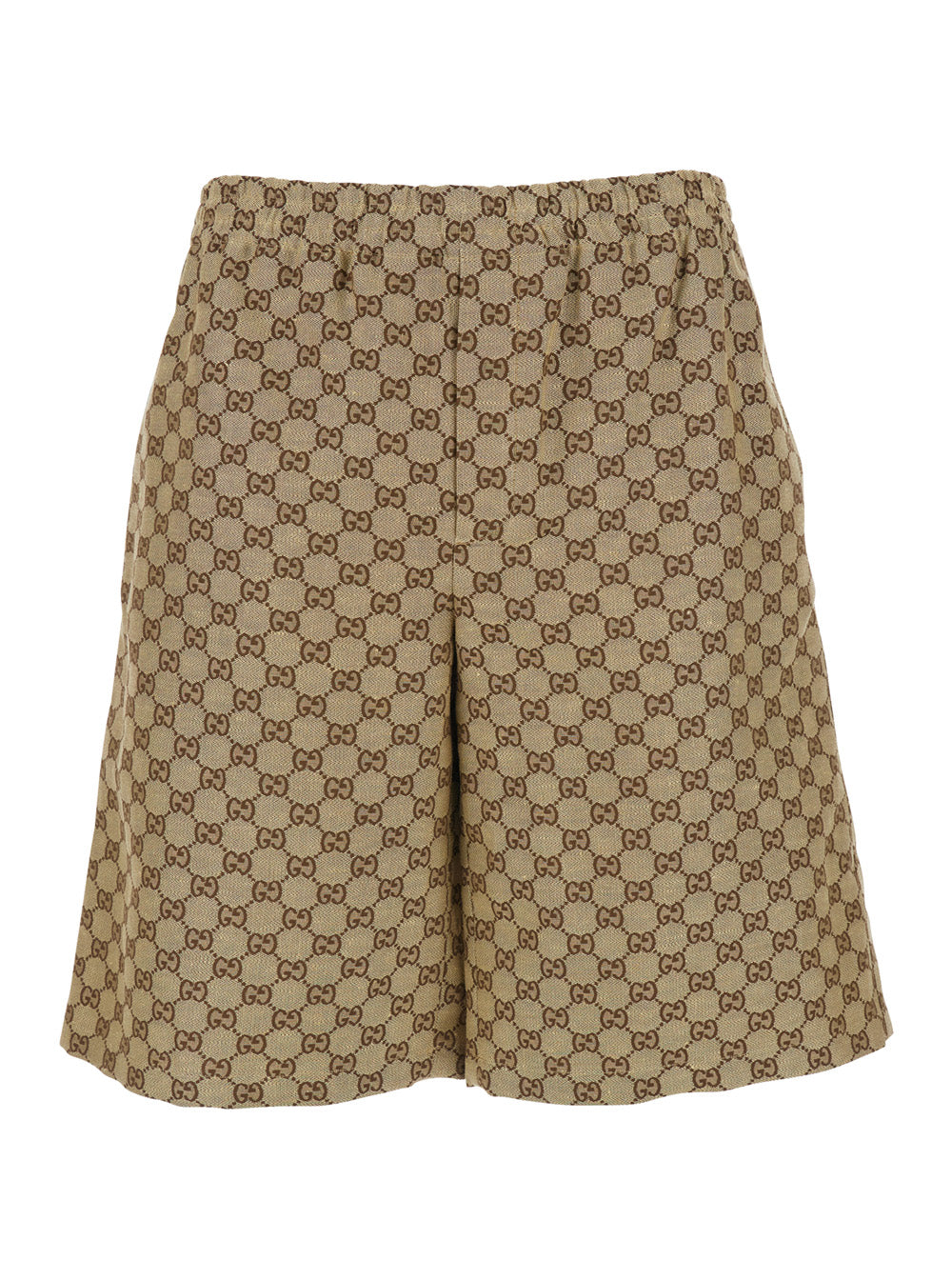 Gucci Men Beige Bermuda Shorts With Elastic Waist And All-Over Gg Motif In Linen Blend Man GUCCI