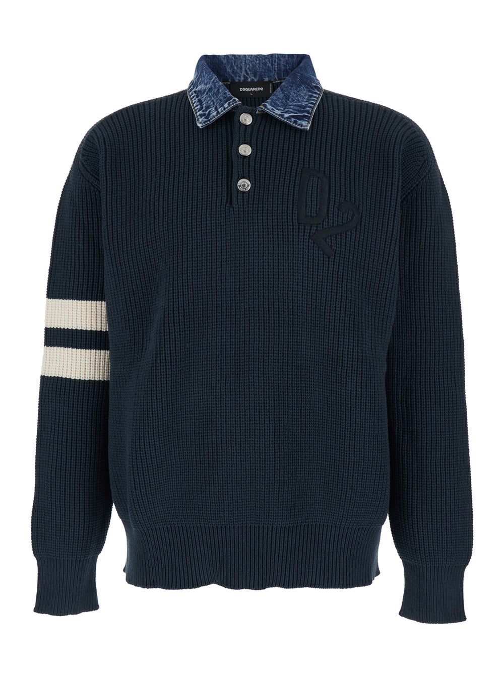 Dsquared2 Men Blue Sweater With Denim Collar And Logo Embroidery On Front In Cotton Blend For Men