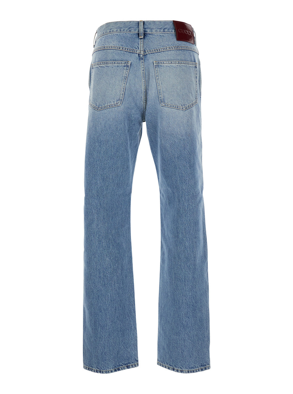 Gucci Men Light Blue Denim Jeans With Logo Patch On The Back And Belt Loops For Men GUCCI