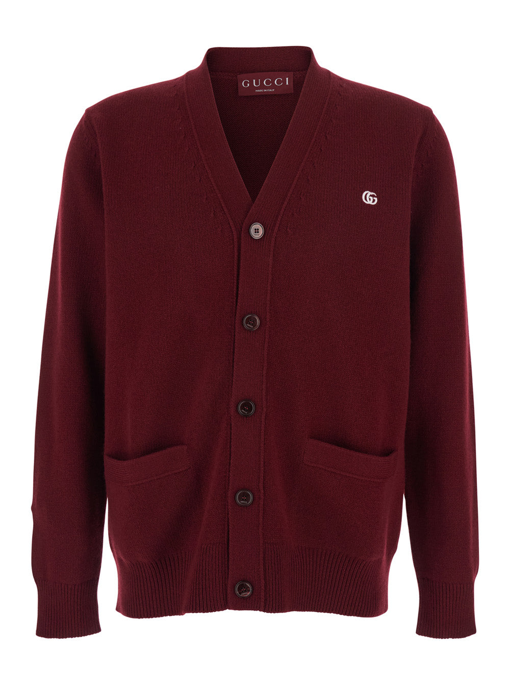 Gucci Men Bordeaux Cardigan With V Neck And Gg Embroidery On The Front In Cashmere Man GUCCI