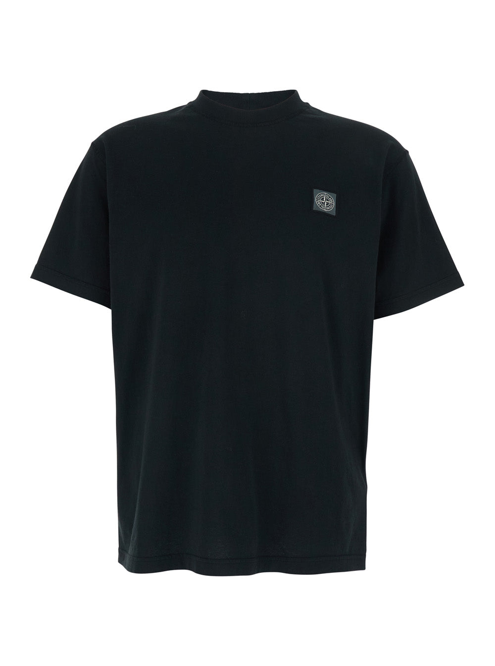 Stone Island Men Black Crew Neck T-Shirt With Logo Patch On The Front In Cotton For Men