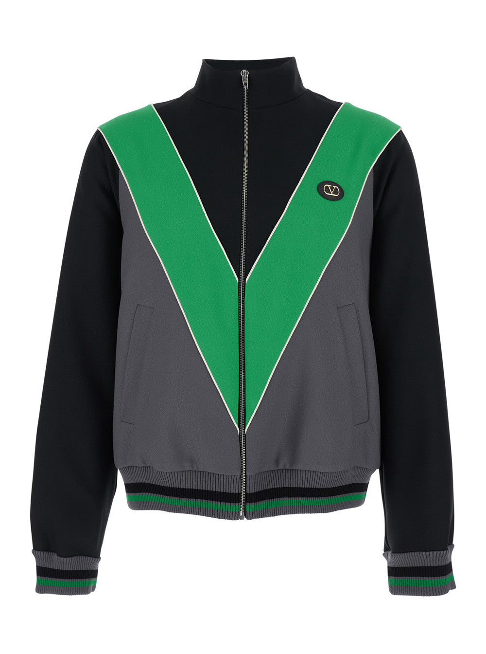 Valentino Men Black And Green High Neck Sweatshirt With Inlaid V On The Front In Tech Fabric Man VALENTINO