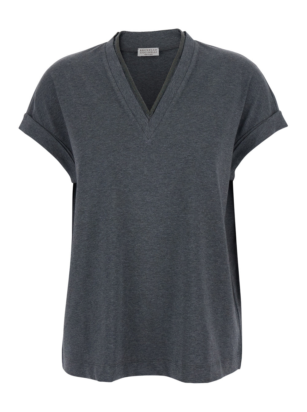 Brunello Cucinelli Women V-Neck T-Shirt With Monile Detail On The Front In Grey Cotton For Women BRUNELLO CUCINELLI