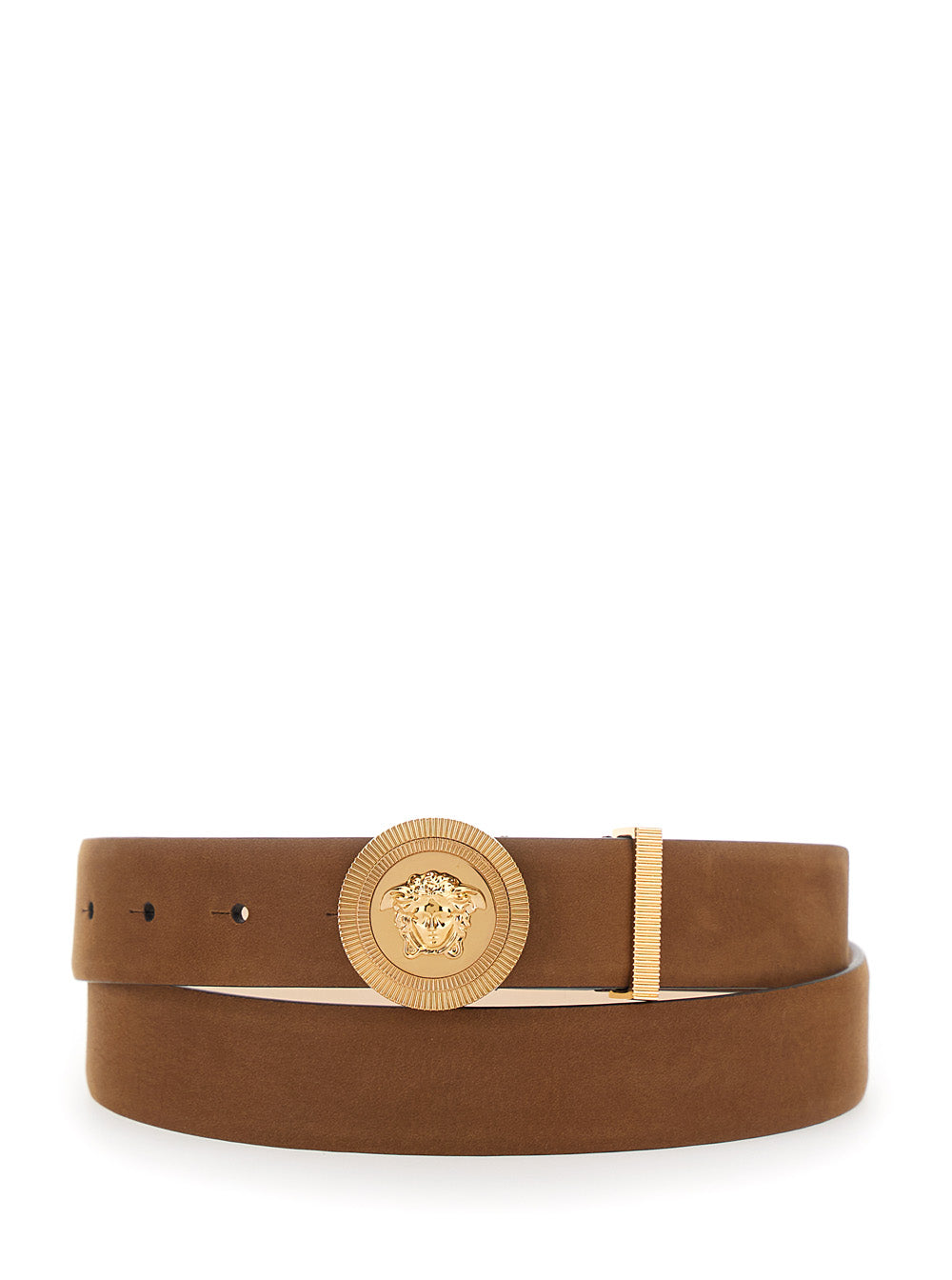 Versace Men Brown Belt With Medusa Head Buckle In Suede For Men VERSACE