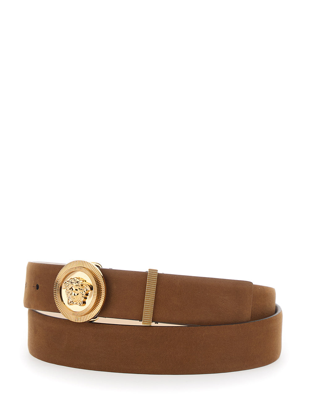 Versace Men Brown Belt With Medusa Head Buckle In Suede For Men VERSACE