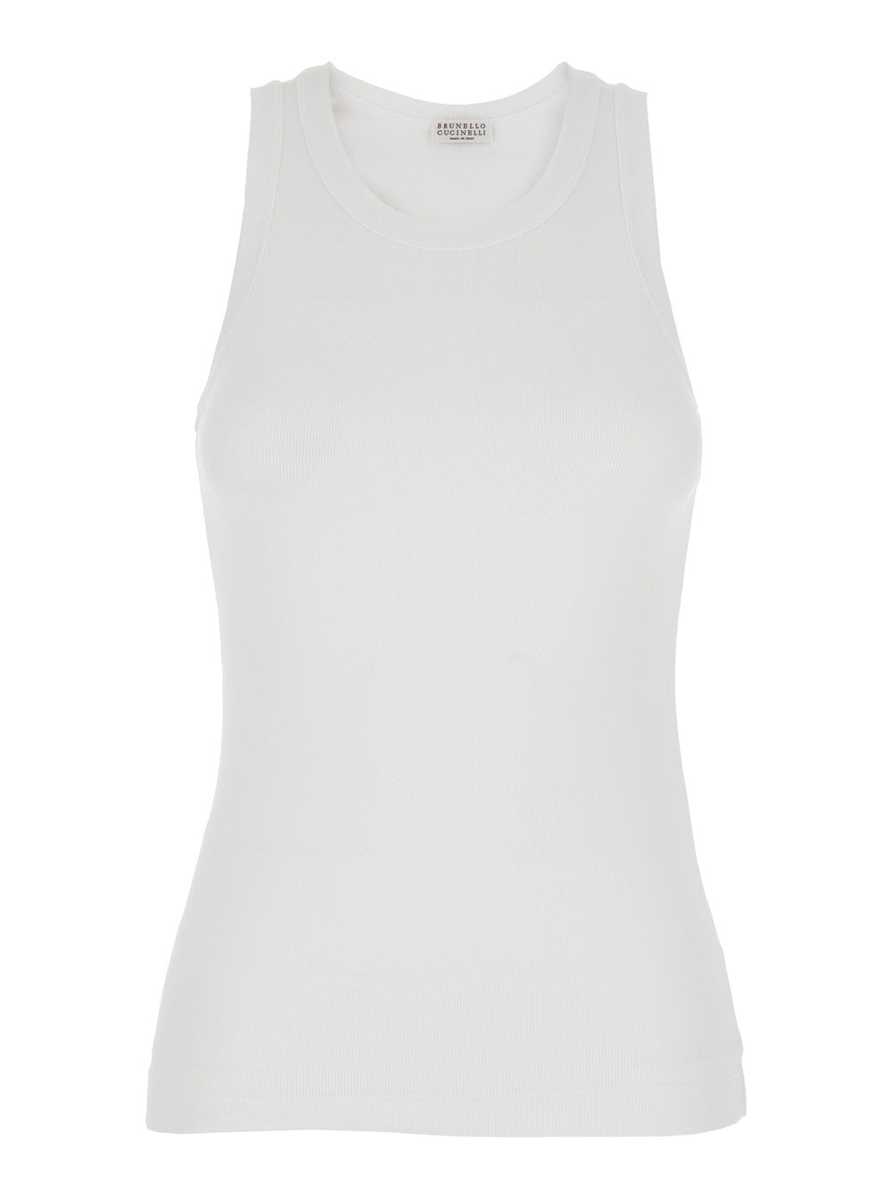 Brunello Cucinelli Women Crew Neck Top With Monile Detail On The Front In White Stretch Cotton For Women BRUNELLO CUCINELLI
