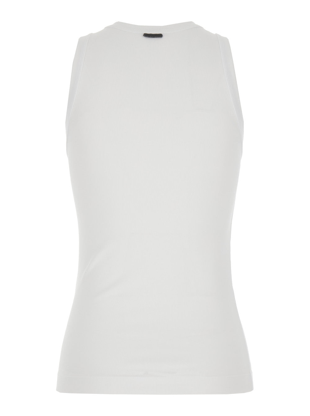 Brunello Cucinelli Women Crew Neck Top With Monile Detail On The Front In White Stretch Cotton For Women BRUNELLO CUCINELLI