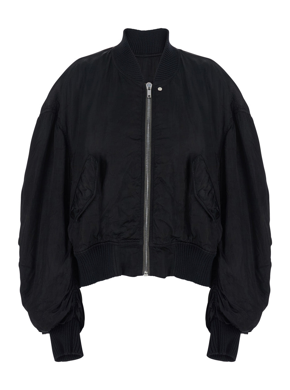 Rick Owens Women 'Secchia Flight' Black Bomber Jacket With Ruffled Sleeves In Cupro Woman RICK OWENS