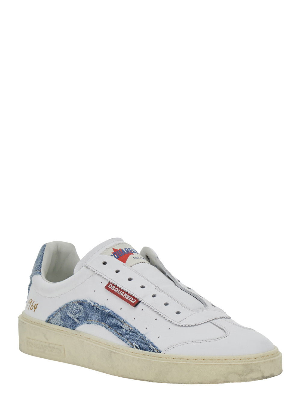 Dsquared2 Men Low Top Sneaker 'Dsquared2' With Denim Inserts And Worn Leather Design For Men DSQUARED2