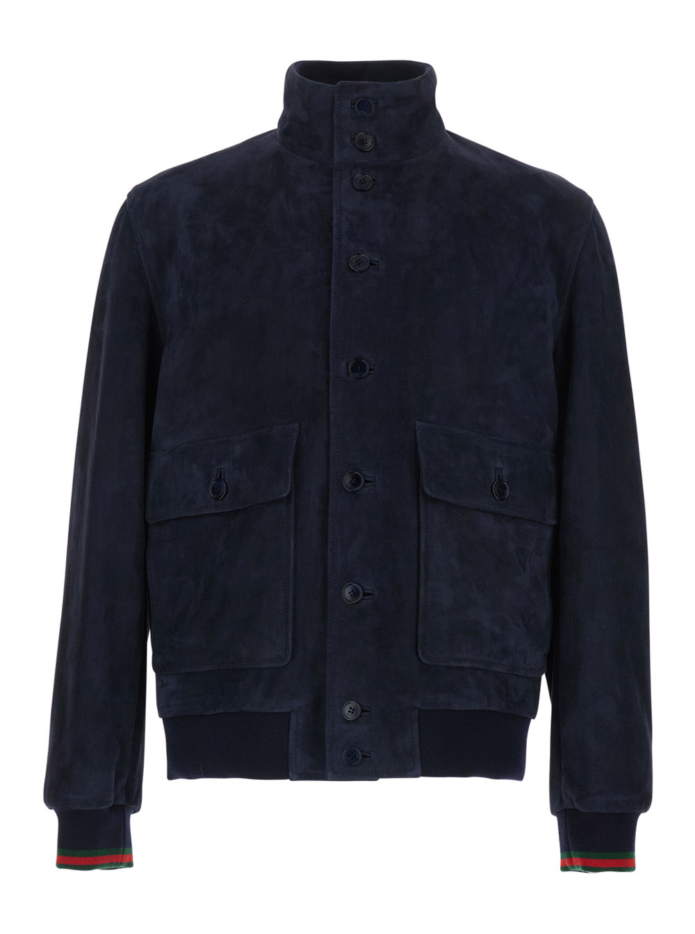 Gucci Men Blue High Collar Jacket With Web Detail In Suede For Men