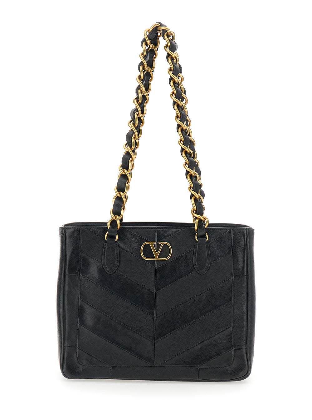 Valentino Garavani Women Black 'Laseine' Small Shoulder Bag With Chain Handles And Vlogo Plate On The Front In Leather For Women
