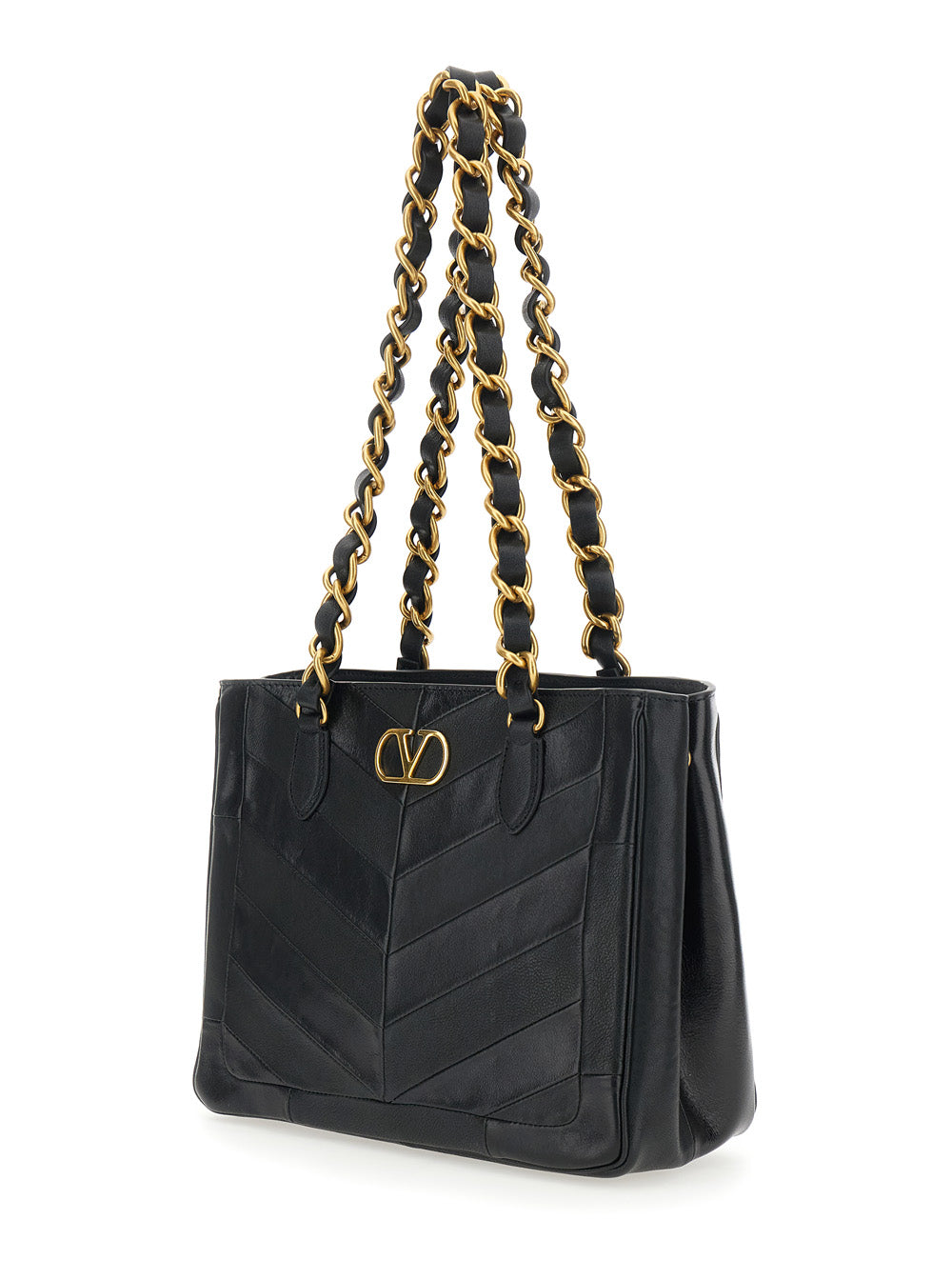 Valentino Garavani Women Black 'Laseine' Small Shoulder Bag With Chain Handles And Vlogo Plate On The Front In Leather For Women