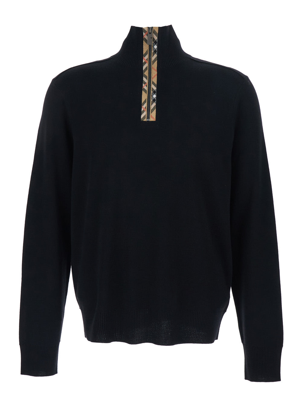 Burberry Men Black Turtleneck Sweater With Check Detail On The Front In Wool And Cotton Man BURBERRY