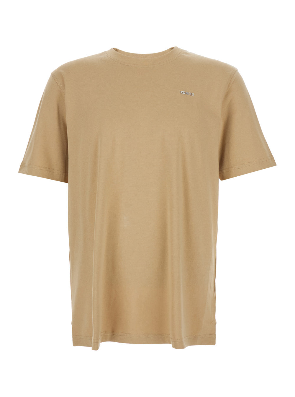 Diesel Men Beige T-Shirt With Metal Logo Patch On The Front In Cotton For Men