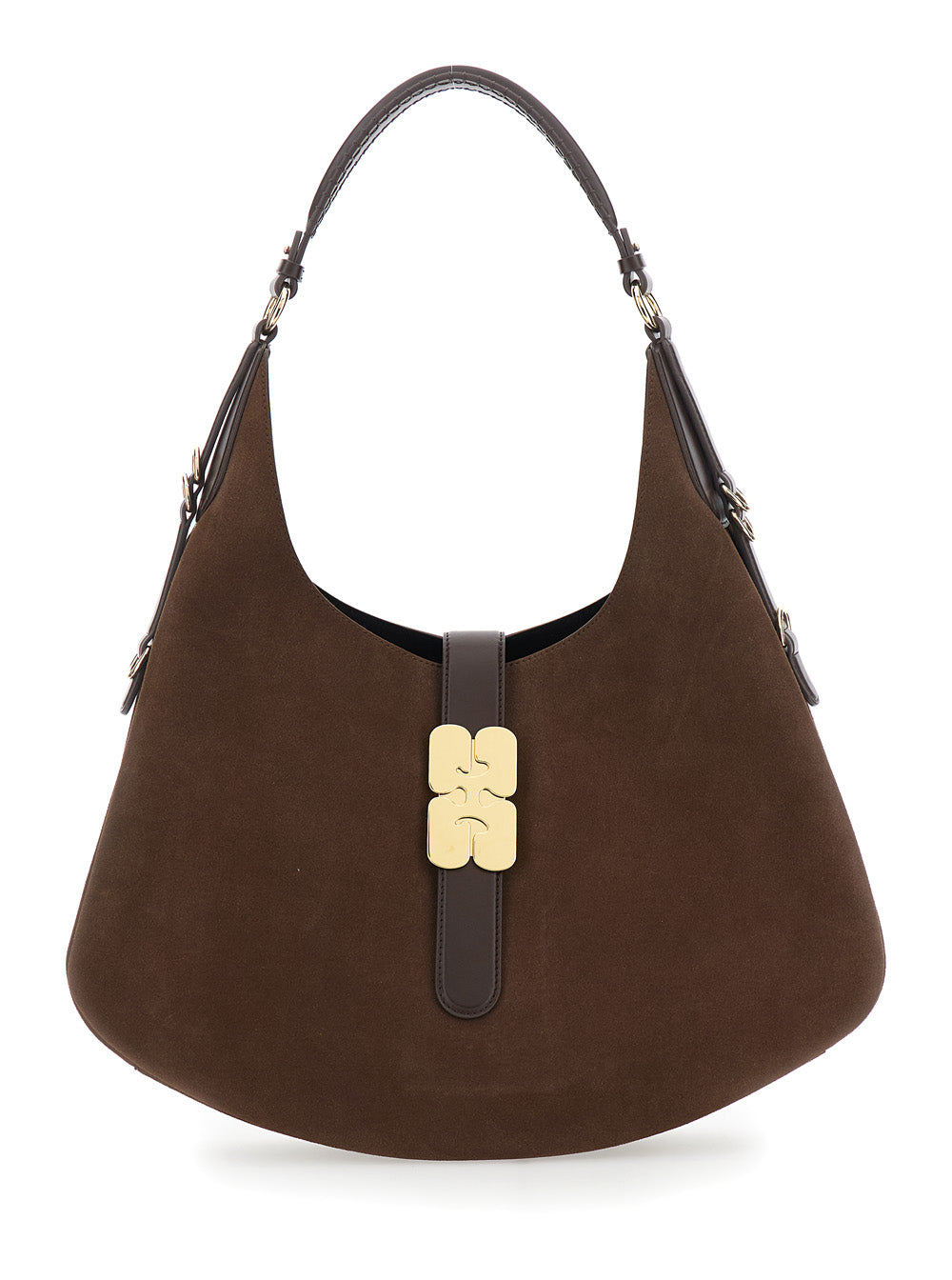 Ganni Women 'Kat Large' Brown Shoulder Bag With Butterfly Plaque On Front In Suede Women GANNI