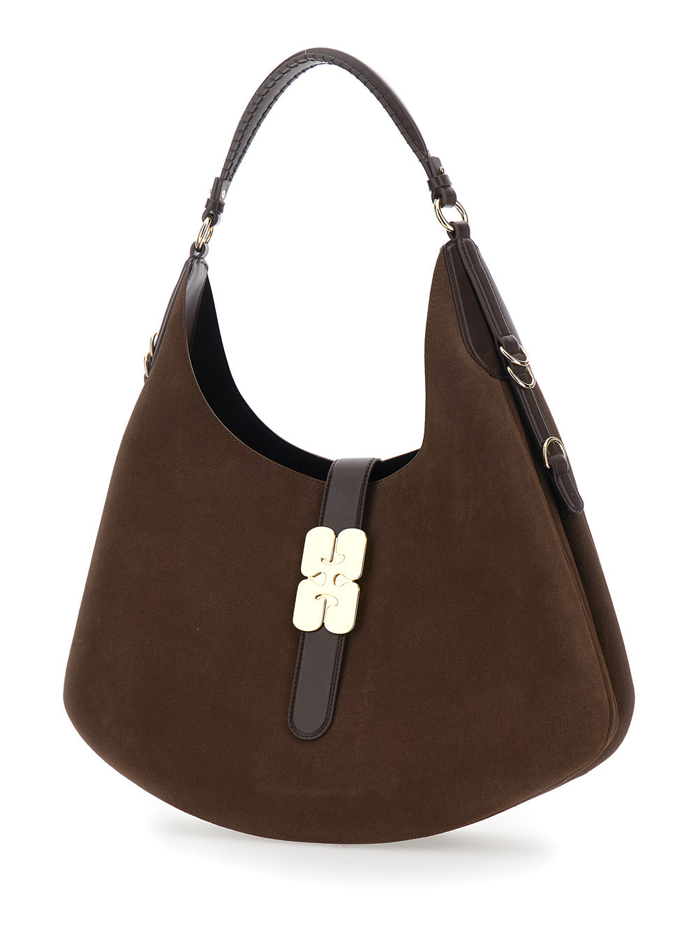 Ganni Women 'Kat Large' Brown Shoulder Bag With Butterfly Plaque On Front In Suede Women GANNI