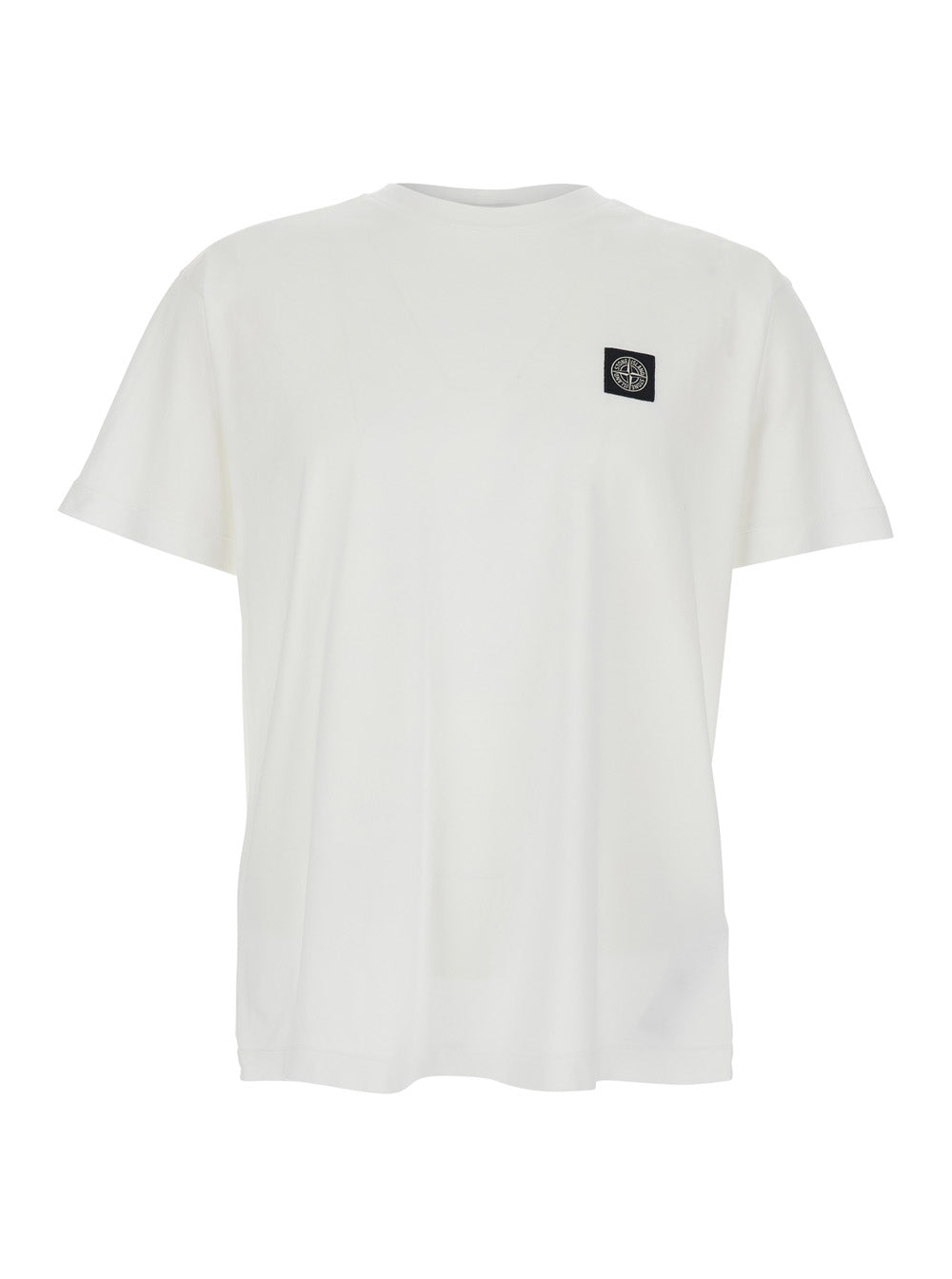 Stone Island Men White Crew Neck T-Shirt With Logo Patch On Front In Cotton For Men STONE ISLAND