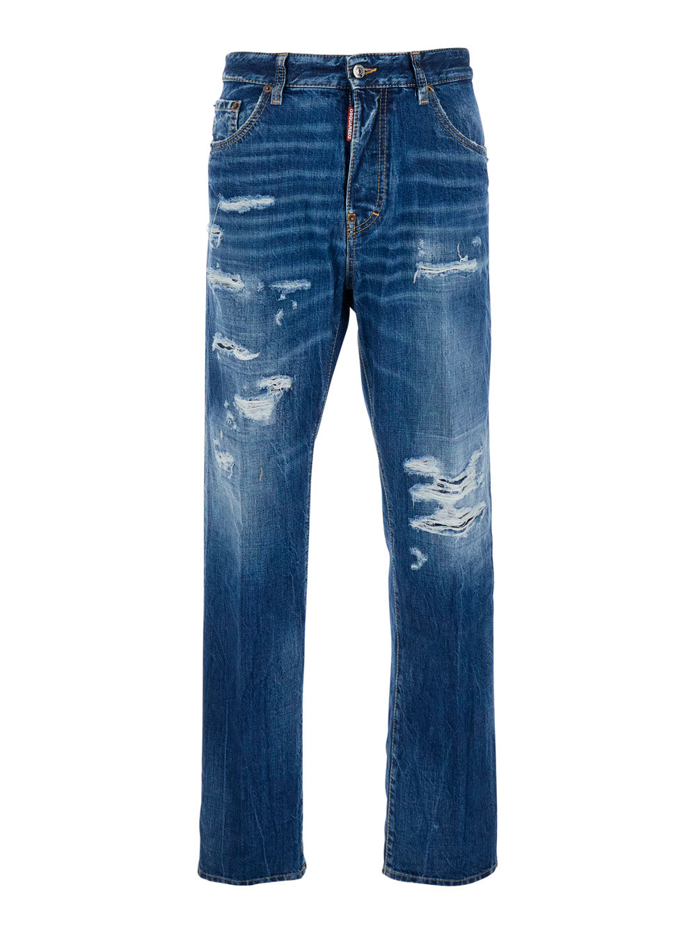 Dsquared2 Men '642' Blue Jeans With All-Over Ripped Details And Logo Patch On The Back In  Denim For Men DSQUARED2
