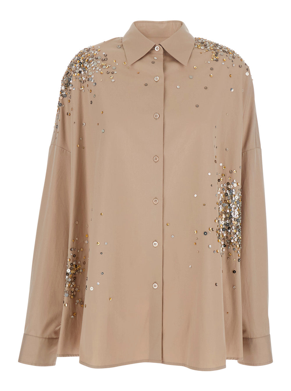 Dries Van Noten Women 'Casia' Beige Shirt With Classic Collar And All-Over Rhinestone Embroidery In Cotton Woman DRIES VAN NOTEN