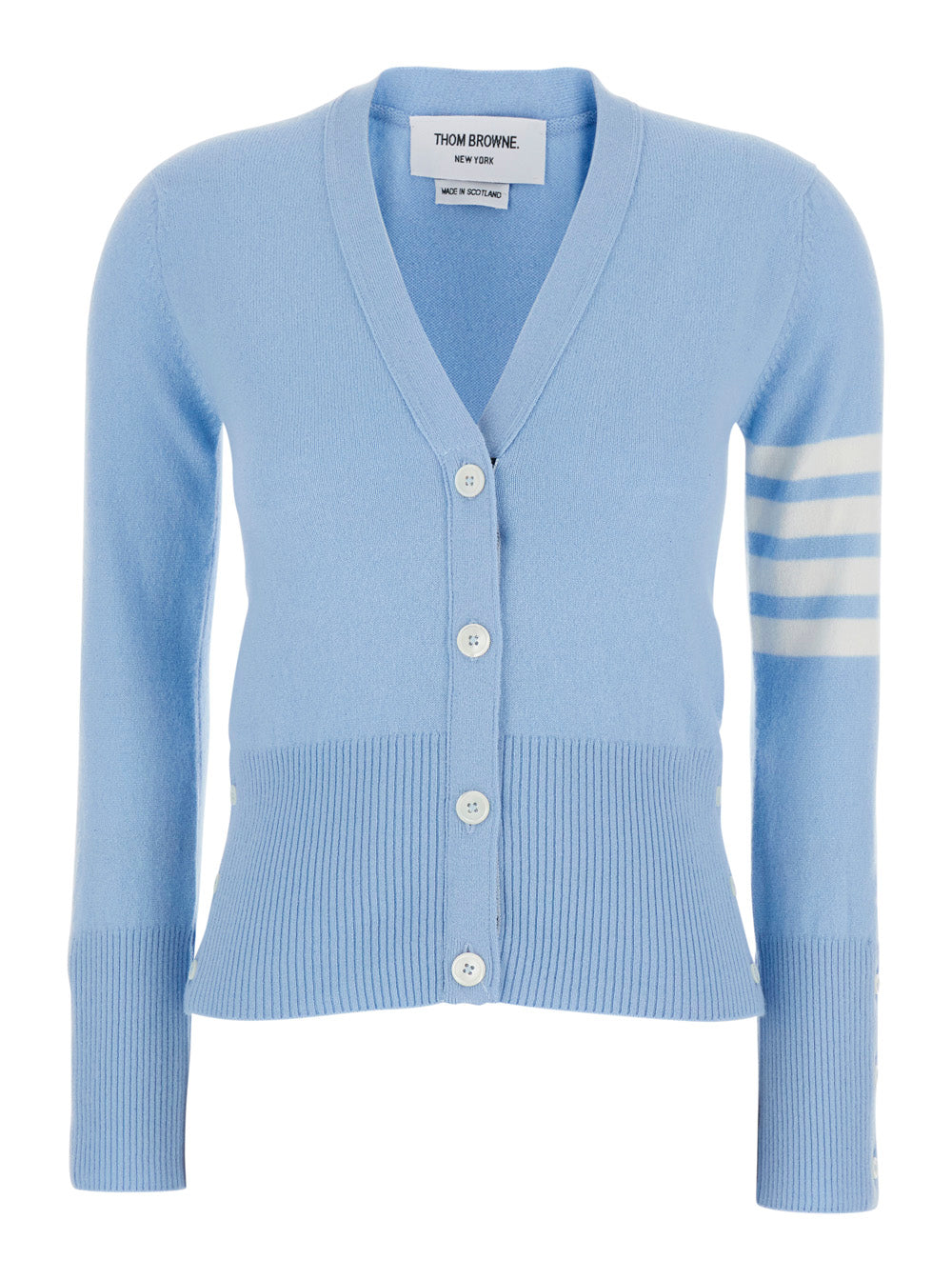 Thom Browne Women Blue Cardigan With V Neck And 4Bar Logo On The Sleeve In Cashmere Woman THOM BROWNE
